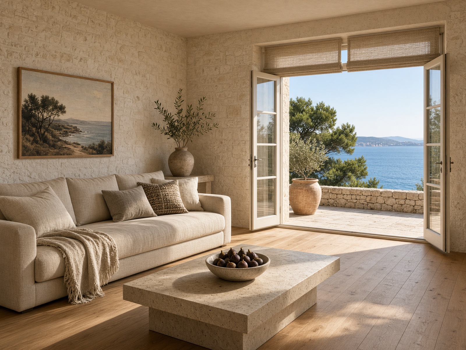 Living room of Suite Aurelia with open doors to a sea-view terrace