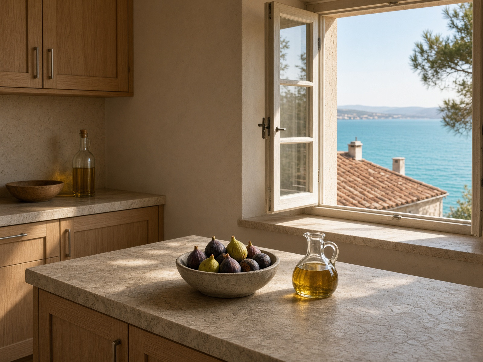 Mediterranean kitchen with a window toward the sea