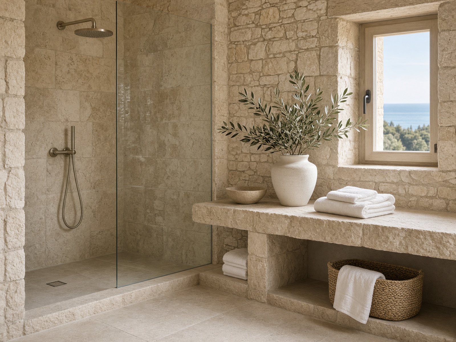 Limestone bathroom with white towels and sea light