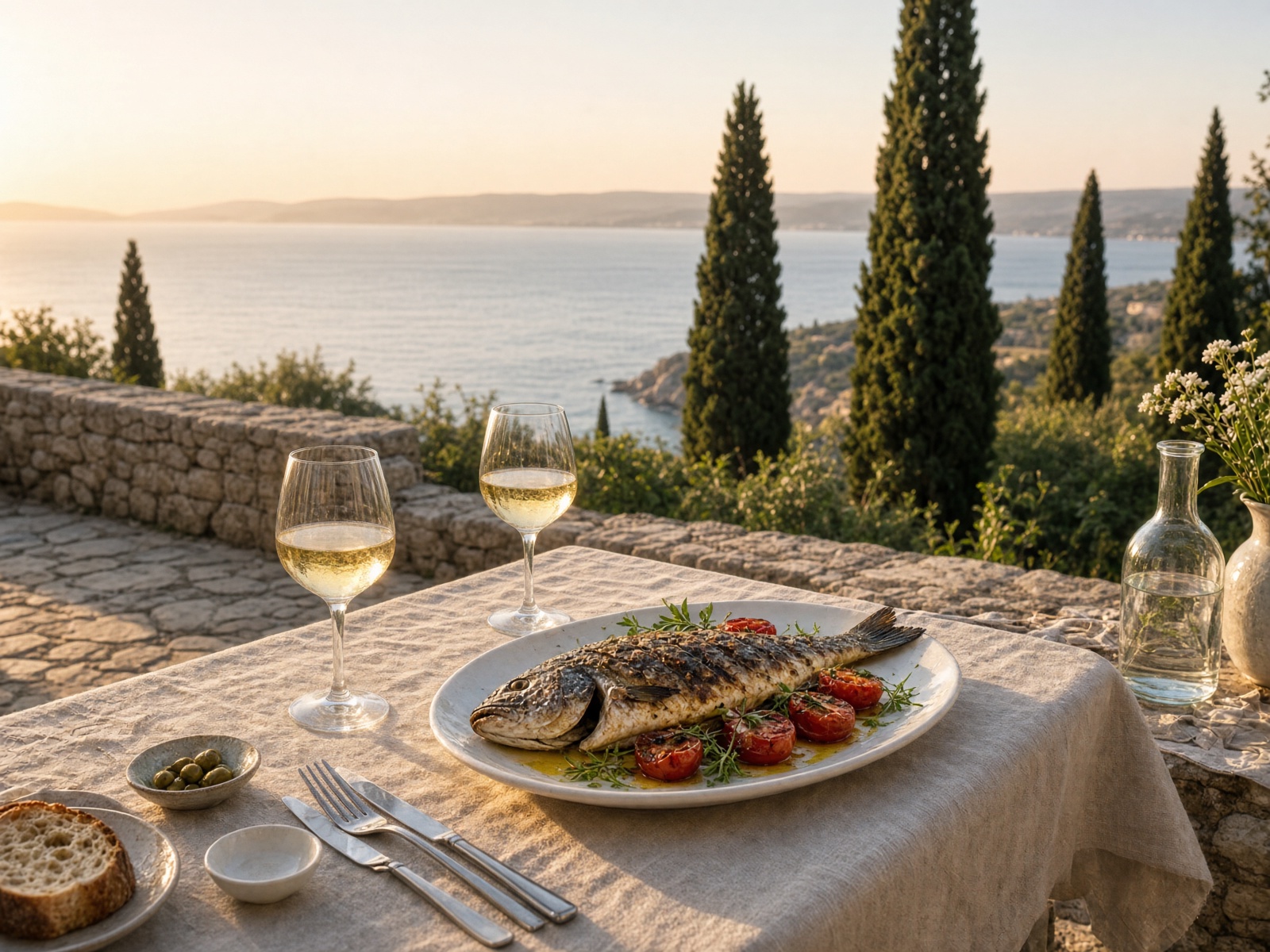 Terrace supper overlooking the Adriatic at golden hour